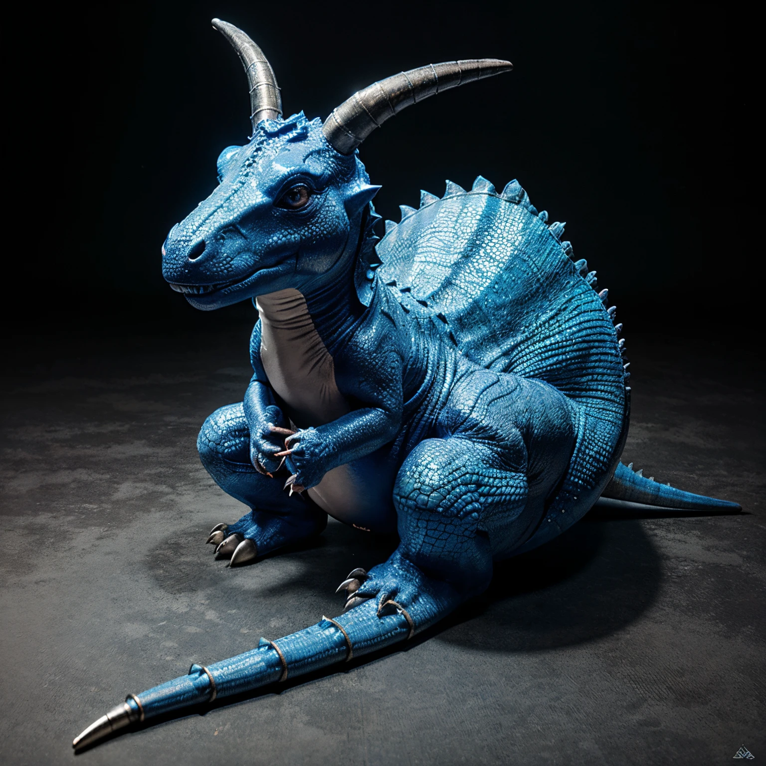 a dinosaur with blue scales, long tail, four legs, paws, and horns