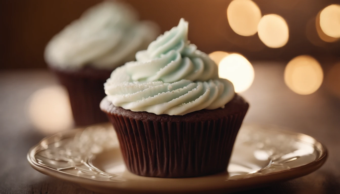 Capture a detail shot of a perfectly frosted cupcake, showcasing the intricate piping work and decorative elements that make it a visually appealing and sweet snack