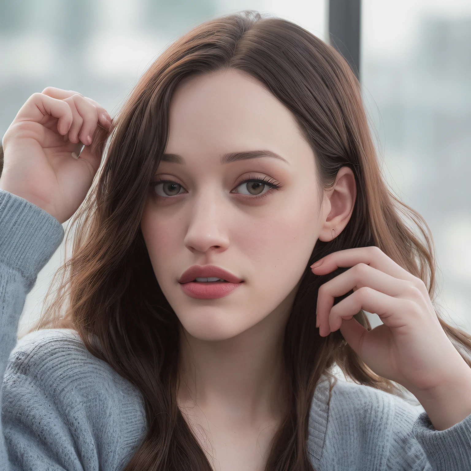 Generate ultra high ppi Hasselblad H6D 400 MS-camera image, 717 gigapixel, Kat Dennings' , Kat Dennings' face, skin glow, Kat Dennings' nose, Kat Dennings' glabella, Kat Dennings' philtrum, Kat Dennings' chick, Kat Dennings' chick bones, Kat Dennings' jaw lines, Kat Dennings' forehead, Kat Dennings' eyes ((only dark colour)) and Kat Dennings' lips, exactly same face expressions, realistic detailed CGI octane render, maintain winning level facial anatomy aspect ratio, best eyes aspect ratio, natural skin shine from inside skin, piercing gaze