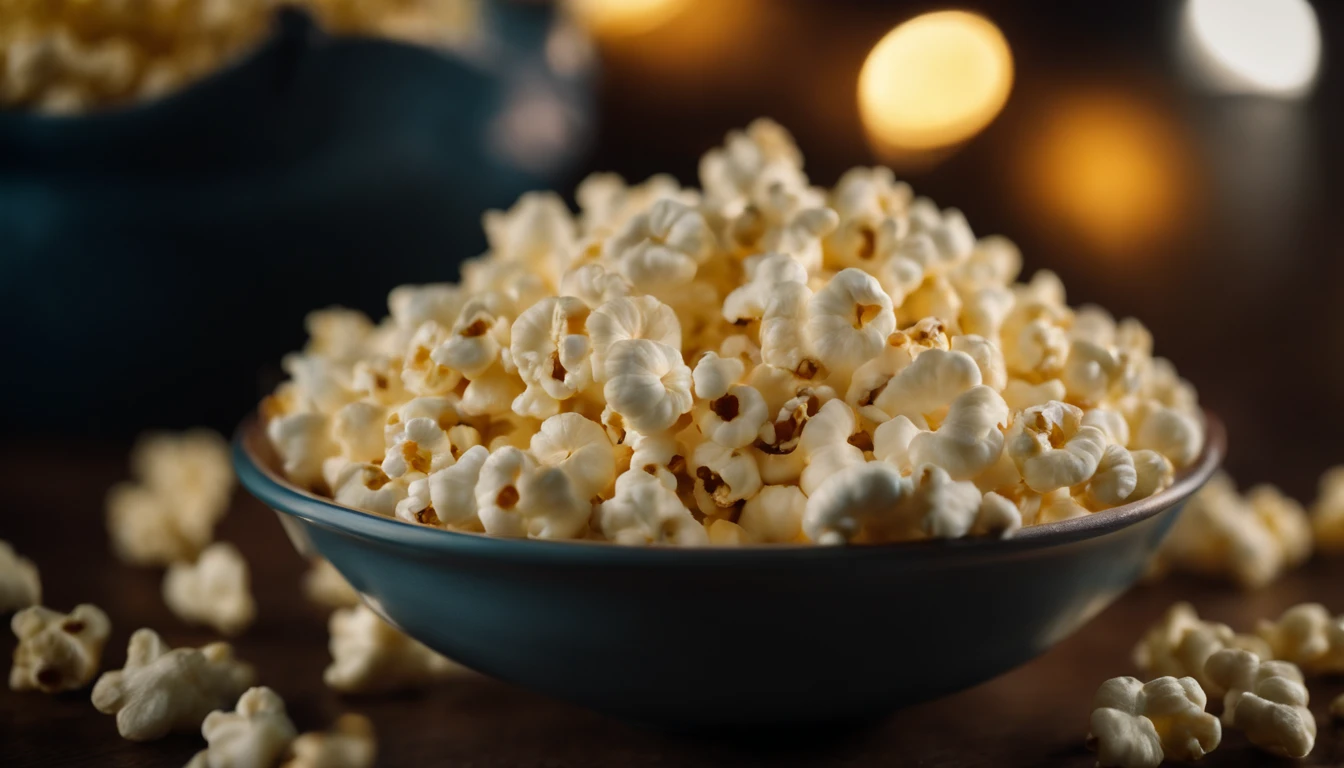 Capture a close-up shot of a bowl of popcorn, showcasing the fluffy and buttery kernels and capturing the anticipation of enjoying this classic and satisfying snack