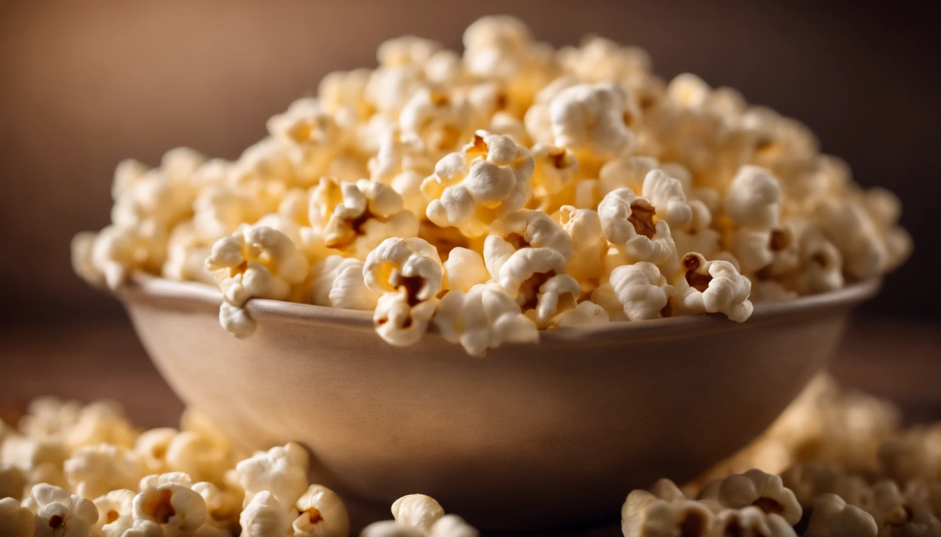Capture a close-up shot of a bowl of popcorn, showcasing the fluffy and buttery kernels and capturing the anticipation of enjoying this classic and satisfying snack