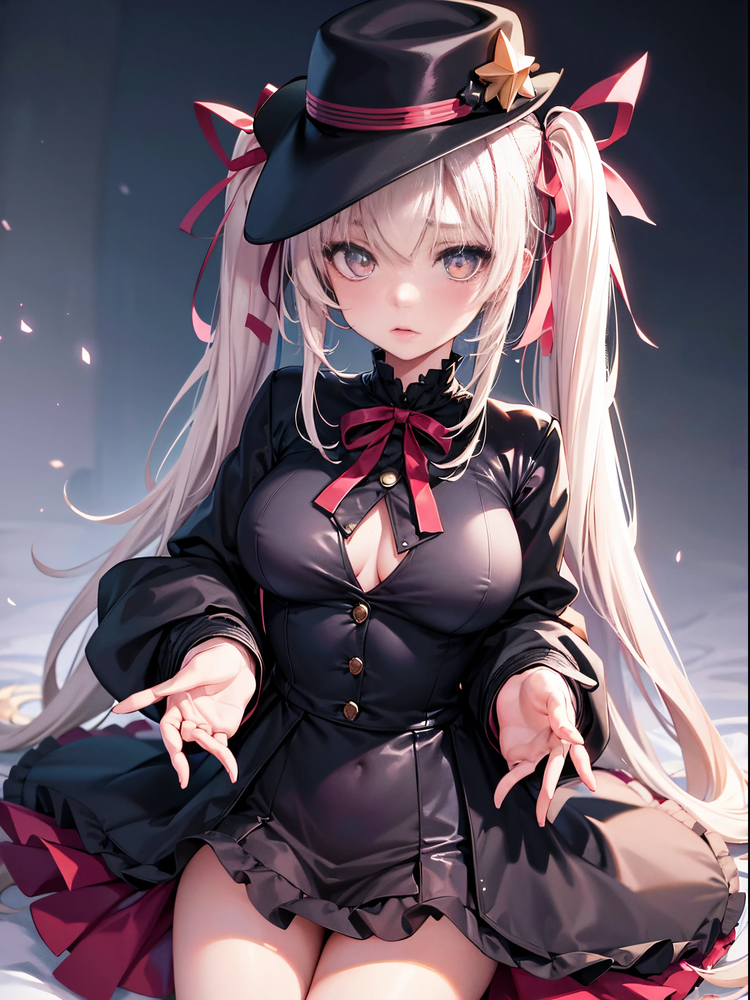 Starry eyes, it looks even more beautiful than immortal, Ahoge, hair, star-shaped pupils, amber eyes, colored contact lenses, blush, high detail, anime, romanticism, modern, gothic art, anime style, film lighting, ray tracing, motion rye, close-up, sony fe gm, uhd, high detail, top quality, 8k, big breasts, hat, twin tails, clean fingers, well-formed fingers, long jacket, ribbon, mystery, snow, anger, impatience, very seductive pose, very young, teen, no bra, bare chest, , naked, No Top, NSFW, bare, no clothing,