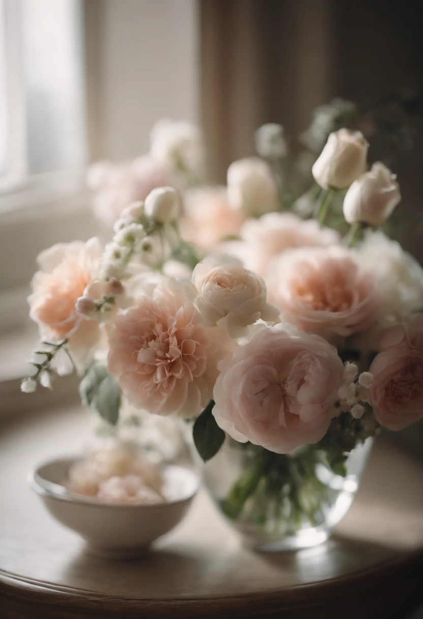 Capture a detail shot of a softly blurred floral arrangement, showcasing the delicate shapes and pastel tones that create a soft and romantic background