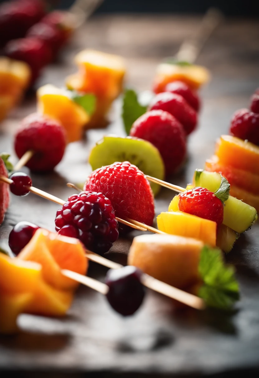 Capture a creative shot of a colorful fruit skewer, showcasing a variety of fresh and vibrant fruits threaded onto a skewer for a visually appealing and healthy snack option