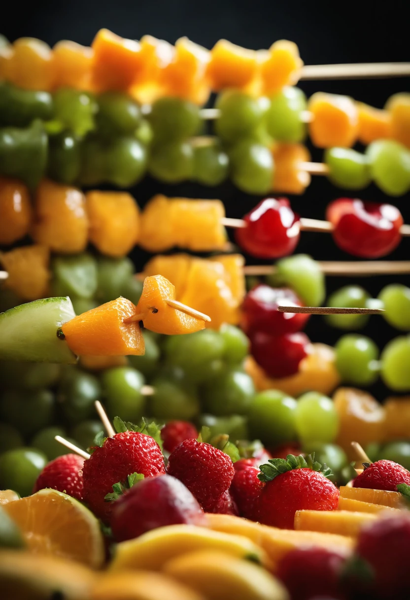 Capture a creative shot of a colorful fruit skewer, showcasing a variety of fresh and vibrant fruits threaded onto a skewer for a visually appealing and healthy snack option