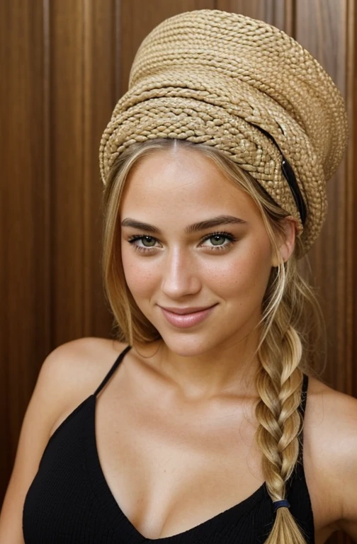 "Imagine a FULL PICTURE of a friendly 27-year-old American crypto trader. She has short,neatly plaited and braided BLONDE hair, striking brown eyes, WEARING A HAT and a natural smiling and proffessional SEXY expression. THE PHOTO IS TAKEN WHILE GIVING A SPEECH."