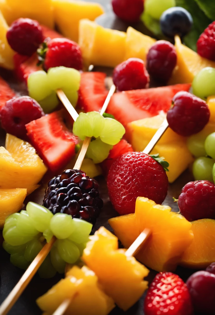 Capture a creative shot of a colorful fruit skewer, showcasing a variety of fresh and vibrant fruits threaded onto a skewer for a visually appealing and healthy snack option
