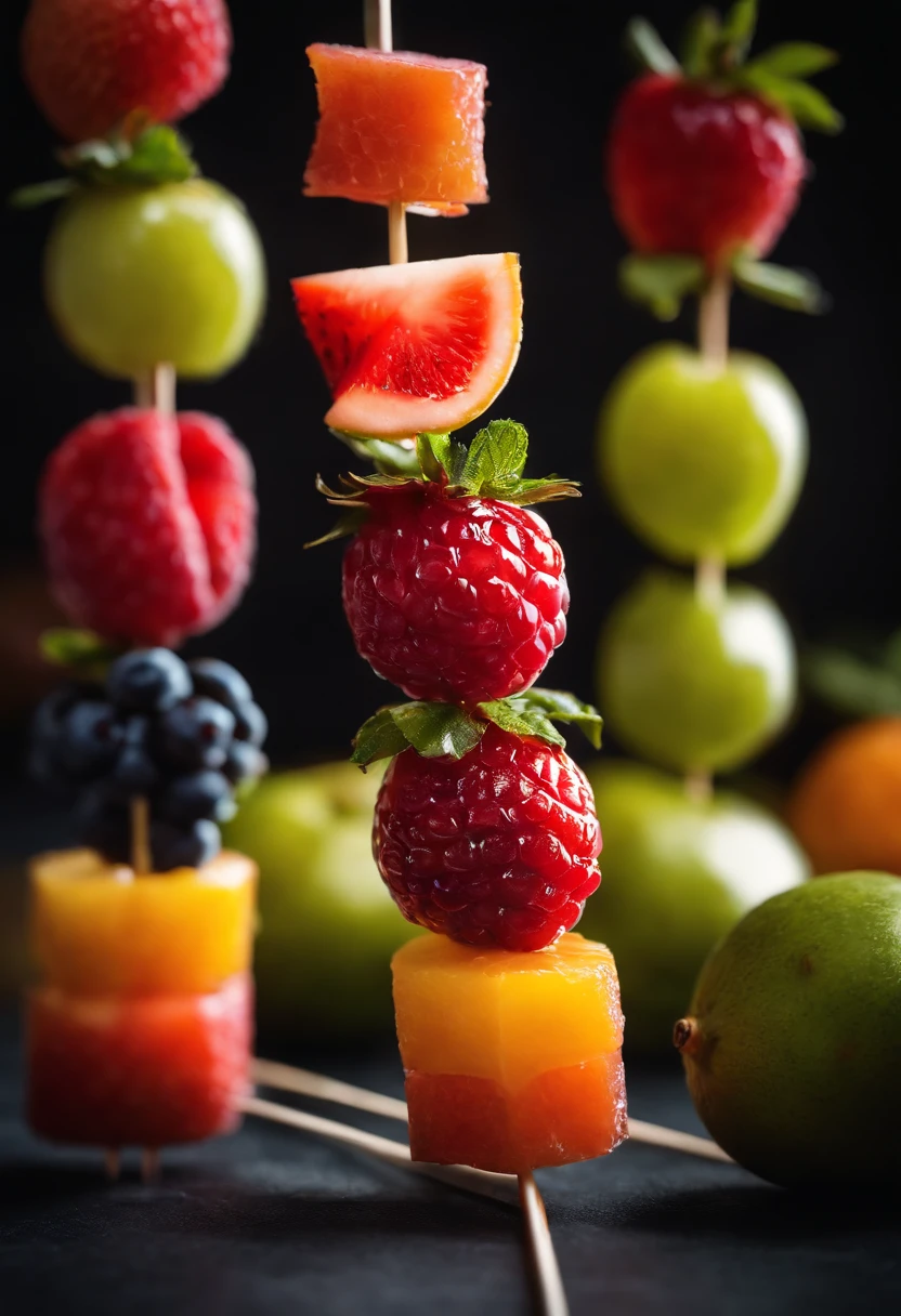 Capture a creative shot of a colorful fruit skewer, showcasing a variety of fresh and vibrant fruits threaded onto a skewer for a visually appealing and healthy snack option