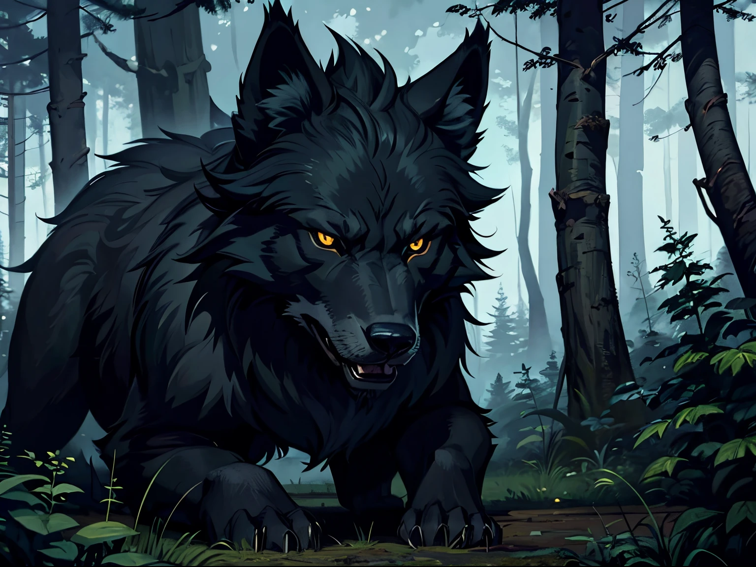 Evil Wolf, Furry art, wolf in the forest, Black Wolf