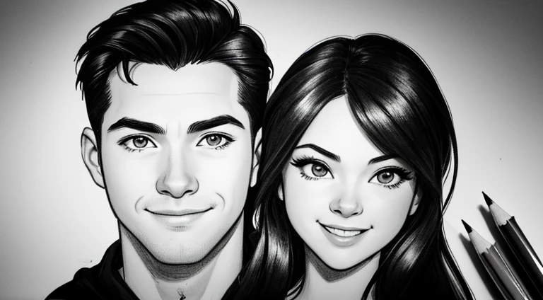 "Create a high-quality image with the following additional characteristics: 1. A drawing depicting a man and two women. 2. The artwork should be fan art using a pencil painting technique, providing a high-quality portrait. The drawing should have a hand-drawn style, in black and white. 3. Employ a comic-style drawing, incorporating elements of high-quality sketch. Ensure that the person in the illustration is smiling, radiating happiness and excitement. 4. The composition should capture the essence of the TV show "Boys." 5. Ensure that the illustration is epic, representing an incredible and official promotional fan art. Make sure the image conveys a sense of enthusiasm, positive energy, and encapsulates the superhero theme in a unique and engaging way."