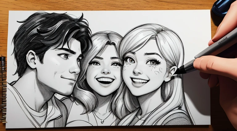 "Create a high-quality image with the following additional characteristics: 1. A drawing depicting a man and two women. 2. The artwork should be fan art using a pencil painting technique, providing a high-quality portrait. The drawing should have a hand-drawn style, in black and white. 3. Employ a comic-style drawing, incorporating elements of high-quality sketch. Ensure that the person in the illustration is smiling, radiating happiness and excitement. 4. The composition should capture the essence of the TV show "Boys." 5. Ensure that the illustration is epic, representing an incredible and official promotional fan art. Make sure the image conveys a sense of enthusiasm, positive energy, and encapsulates the superhero theme in a unique and engaging way."