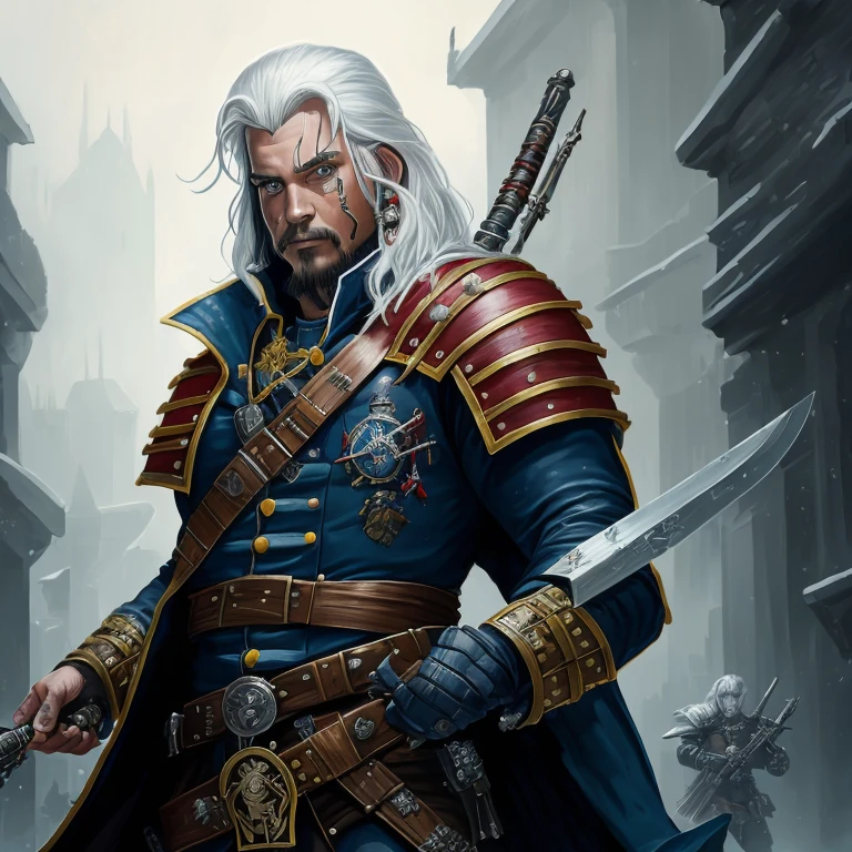 a portrait of a Warhammer 40k rogue trader in a painter style inspired by Han Solo, jack sparrow, keith richards. with white silver hair like game of thrones characters with bionic enhancements and tattoos