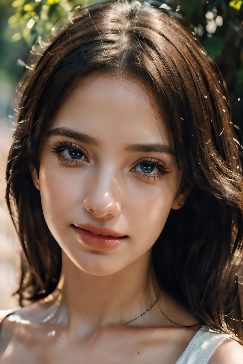 (best quality,4k,8k,highres,masterpiece:1.2),ultra-detailed,(realistic,photorealistic,photo-realistic:1.37),1girl,beautiful detailed eyes,beautiful detailed lips,extremely detailed eyes and face,offshoulder dress,smile,vivid colors,soft lighting,portrait style,serene expression,greenery,scenic background,shimmering sunlight,blurred bokeh,dreamy atmosphere