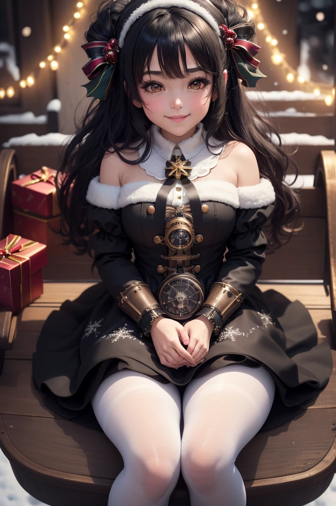 amasterpiece, best quality, 8k, cinematic light, ultra high res, chibi, a cute girl smiling sitting on a sleigh, black hair, christmas steampunk dress, christmas hair bows, (white pantyhose), (black pumps), magical night, winter night, magical sparks floating, falling snow, dark shadows, ((dark fantasy)),