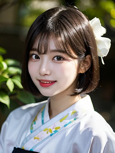 (masterpiece, best quality, photo realistic, official art:1.4), (UHD, 8K quality wallpaper, High resolution, raw photo, film grain:1.2), (shiny skin), professional lighting, physically-based rendering, Award-winning, highly detailed skin, (extremely detailed face and eyes, clear pupils), Carl Zeiss 300mm F/2.8, depth of field, BREAK, 1girl, solo, kawaii 24-year-old Korean girl, (Nogizaka idol:0.7), (Korean idol Suzy), (glossy straight black hair, medium bob cut, forehead:1.3), extra rounded face, (single eyelid), (big laughing:1.3), beautiful even white teeth, (wearing Hanbok, Korean traditional dress with colorful floral patterns:1.3), (breasts emphasized, well shaped medium breasts:0.8), (looking at viewer), BREAK, (at a Korean castle), winter daytime, warm sunlight, (seductive posing, dynamic angle:1.3), bust shot,