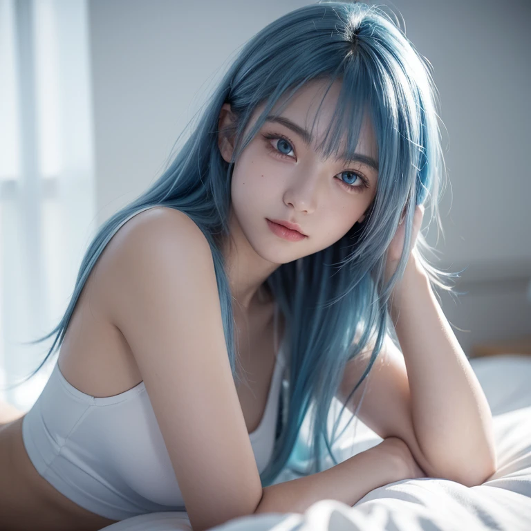 female student, Lie down in bed, looking at you, wear thin clothes, mostly exposed, Blue hair, lightblue hair, long whitr hair, crossed bangs, Hair over the shoulder, Hair flakes, hairflower, Moles under the eyes, eyeballs, Gradient eyes, Water-colored eyes, the shy, light smile, Be red in the face, Embarrassing, style of anime, Ray traching, glowing light, reflective light, People drawing, Side Body, super detailing, acurate, ctextured skin, high detal