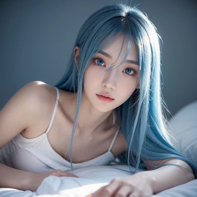 female student, Lie down in bed, looking at you, wear thin clothes, mostly exposed, Blue hair, lightblue hair, long whitr hair, crossed bangs, Hair over the shoulder, Hair flakes, hairflower, Moles under the eyes, eyeballs, Gradient eyes, Water-colored eyes, the shy, light smile, Be red in the face, Embarrassing, style of anime, Ray traching, glowing light, reflective light, People drawing, Side Body, super detailing, acurate, ctextured skin, high detal