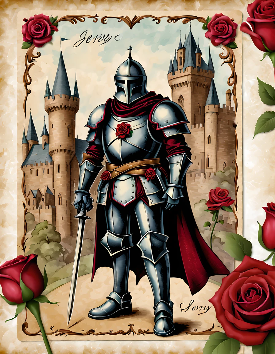 (vintage:1.3), (solo:1.3), design a captivating gothic (((postcard))) standing on a table, featuring a giant gingerbread man noble knight, (the postcard has handwritten text that reads "Jerry" in elegant, gothic font), medieval city, roses, romantic, More Detail