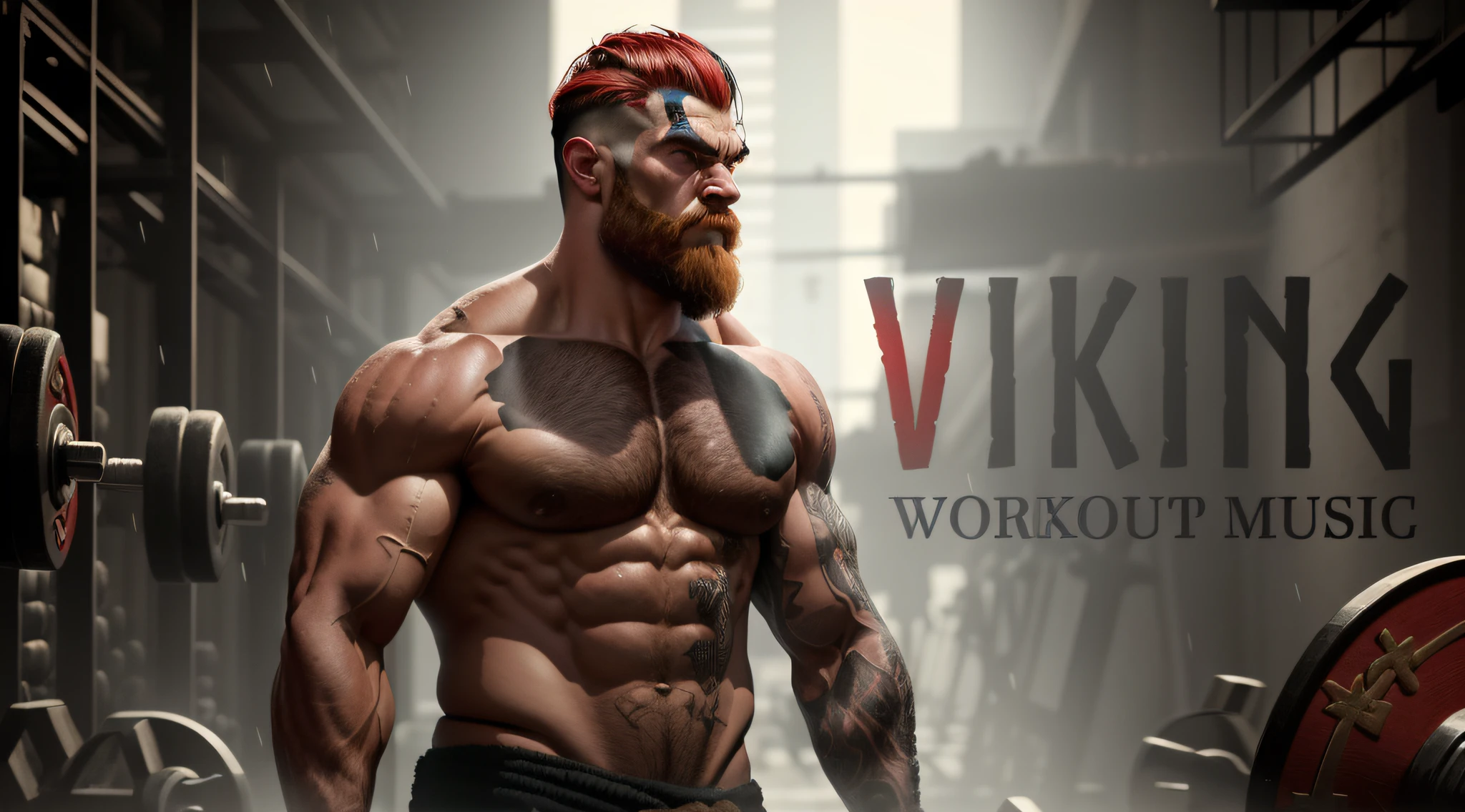 Develop a visually striking image that combines the towering strength of a Viking with the modern world of bodybuilding. Imagine um fisiculturista viking poderoso, with defined muscles, wearing an outfit that mixes Viking elements and contemporary gym attire. Utilize cores opostas na roda de cores para criar um contraste marcante e cativante. Convey the fusion of Viking heritage with modern determination, capturando o espectador'attracting attention and arousing interest in the unique synthesis of these two worlds.