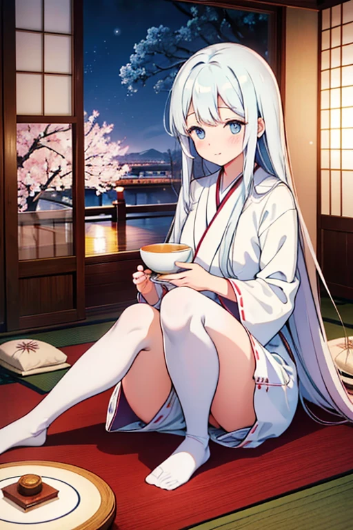 A petite woman with very long hair down to her feet and bright blue eyes, wearing a high-necked woolen blouse and white stockings, while enjoying a cup of tea in a traditional Japanese room. She is sitting on a soft tatami mat, with her legs folded beneath her, and around her there are beautiful landscape paintings and an elegant vase of cherry blossoms. Her expression is calm and serene, reflecting the tranquility of the environment around her.