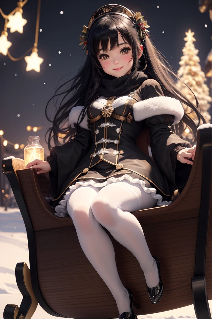 amasterpiece, best quality, 8k, cinematic light, ultra high res, chibi, a cute girl smiling sitting on a sleigh, black hair, christmas steampunk dress, christmas hair bows, (white pantyhose), (black pumps), magical night, winter night, magical sparks floating, falling snow, dark shadows, ((dark fantasy)),