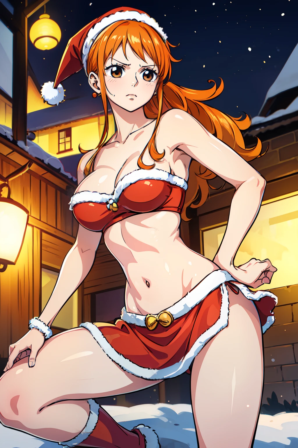 (best quality,4k,8k,highres,masterpiece:1.2), ultra-detailed, (realistic,photorealistic,photo-realistic:1.37), masterpiece、Top image quality、超A high resolution、Nami from one piece、orange hairs、Twin-tailed、Blushing、Cute and shy、Santa costume with belly button exposed、Santa costume miniskirt that slightly turned up、Wearing a Santa Hat、large firm breasts、well-shaped breasts、well-shaped navel、knee sox、Striped panties、There are some small gift boxes、Night、Christmas