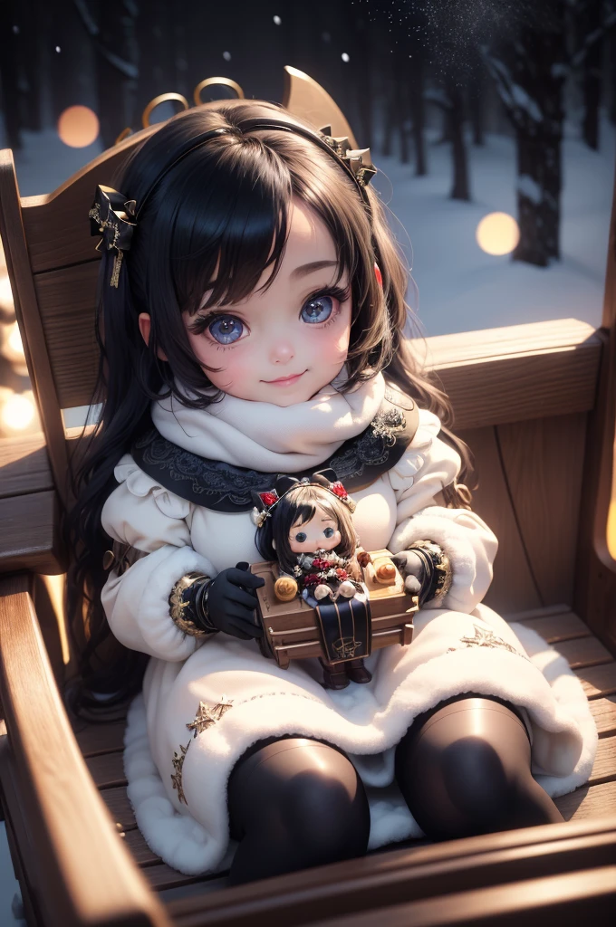 amasterpiece, best quality, 8k, cinematic light, ultra high res, chibi, a cute doll smiling sitting on a sleigh, black hair, christmas steampunk dress, christmas hair bows, (white pantyhose), (black pumps), magical night, winter night, magical sparks floating, falling snow, dark shadows, ((dark fantasy)),