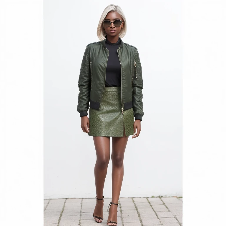solo full shot of a very attractive ((brown skin young woman ))she beautiful and petite (( wearing a short shades of green patched skirt and jacket)) ((lifelike skin texture)) ((very detailed image )) she has a petite figure ((stunning eyes and a sharp nose)) a perfect ((blonde white hair))UHD, a Masterpiece,Realistic textures,(( hyper-realistic)), 8k, photorealistic, XT3 grain,Fujifilm((ines c dos santos)) standing in a (( street pavement ))((sexy trending outfit )) black top