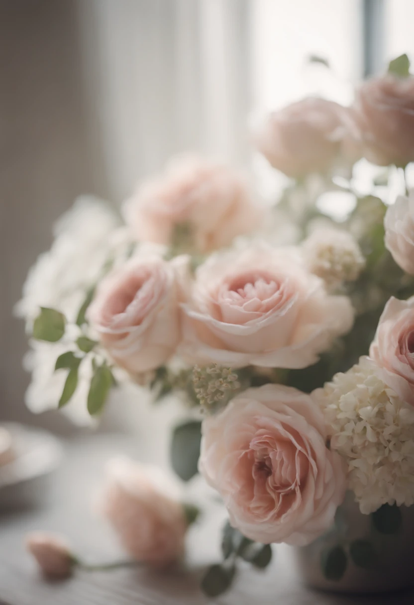 Capture a detail shot of a softly blurred floral arrangement, showcasing the delicate shapes and pastel tones that create a soft and romantic background