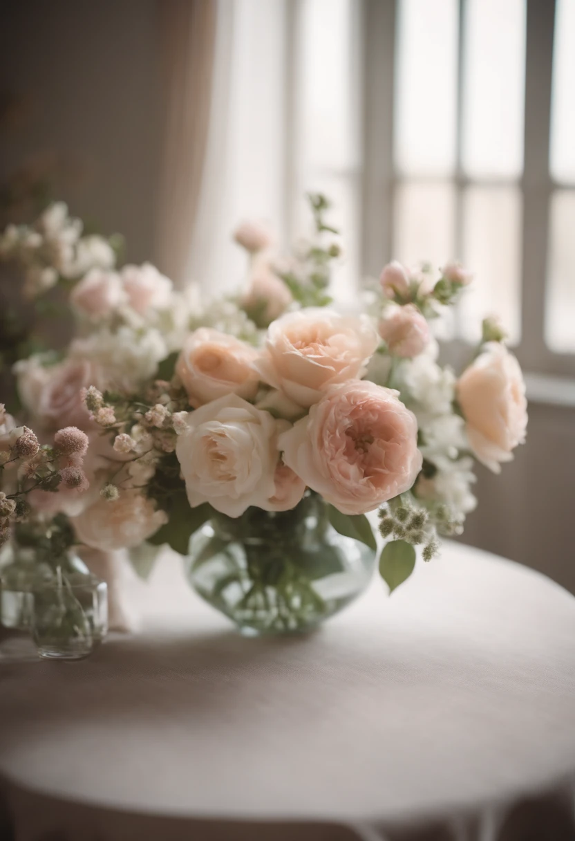 Capture a detail shot of a softly blurred floral arrangement, showcasing the delicate shapes and pastel tones that create a soft and romantic background