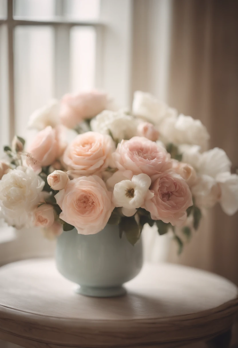 Capture a detail shot of a softly blurred floral arrangement, showcasing the delicate shapes and pastel tones that create a soft and romantic background