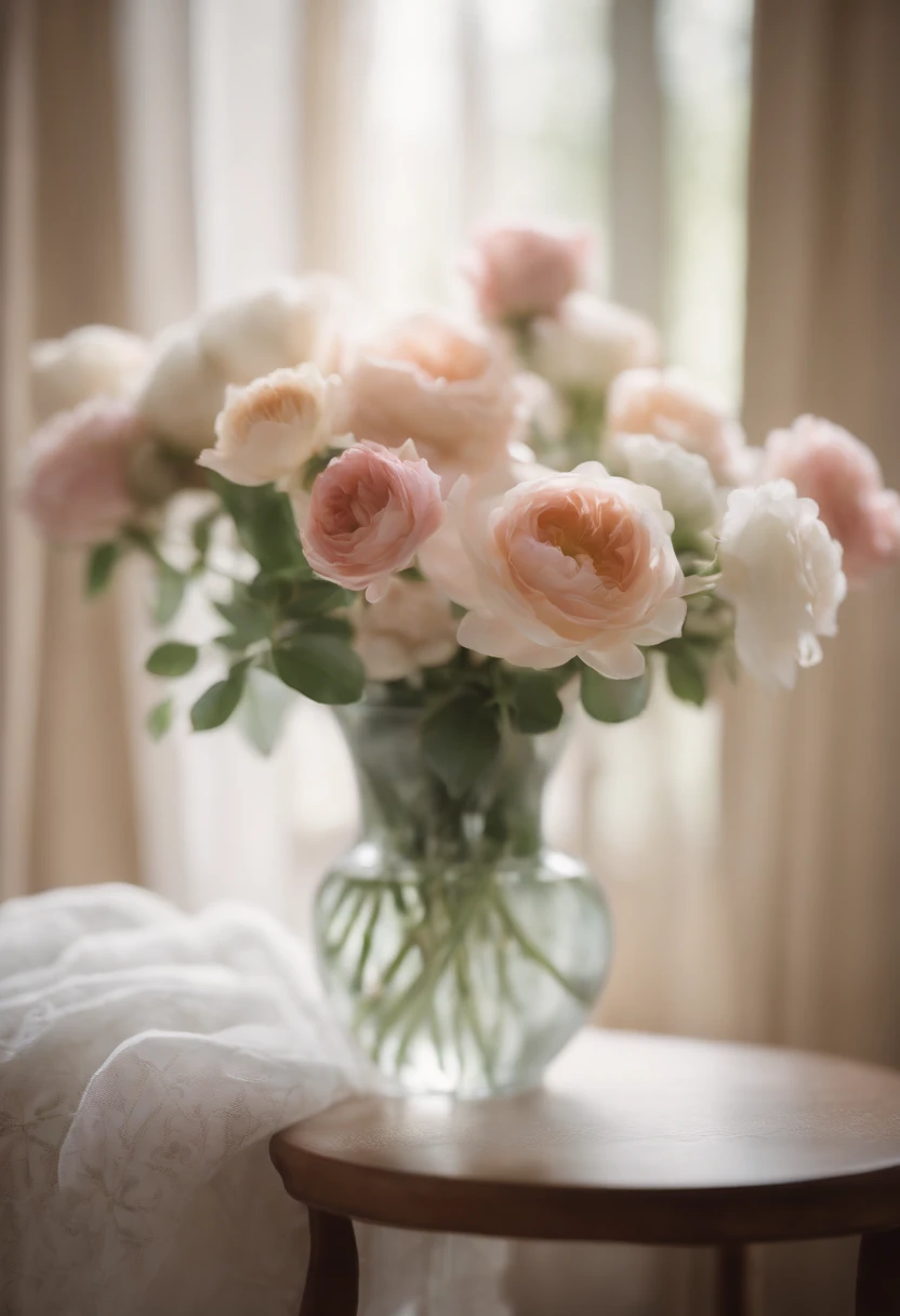Capture a detail shot of a softly blurred floral arrangement, showcasing the delicate shapes and pastel tones that create a soft and romantic background
