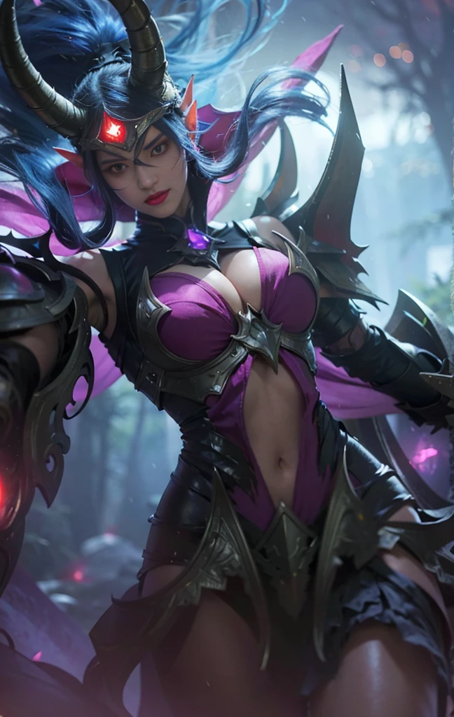 (female:1.2), 8k, ultra hd, ultra detailed texture, hyper realistic, masterpiece, detailed texture, detailed face, detailed skin, detailed lighting, (photorealistic:1.5), best quality, beautiful lighting, cinematic lighting, professional lighting, ultra highres, realistic, detailed hair, real hair, high quality, (realskin:1.5), extremely detailed, finely detail, ultra-detailed, 1girl, solo, elf, pointy ears, standing, demon horns, forehead protector, (red eyes:1.5), v-shapped eyebrow, lips, red lips, evil smile, nose, make up, pretty, beautiful, cute face, long hair, blue hair, high ponytail, large breasts, cleavage, armpit, navel, stomach, black armor, pauldrons, bare shoulders, shoulder armor, thigh high, sleevless, detached sleeves, breastplate, gauntlets, karina \(mobile legends\), depth of field, looking aways, white skin, skin tight, amazing pose, outdoors, glowing, dark view, blurry background