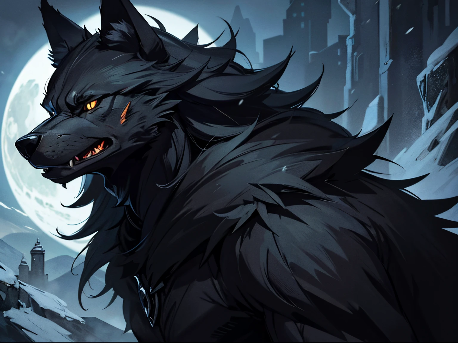 Evil Wolf, Furry art, Black Wolf, detailed elaboration of wool, higly detailed