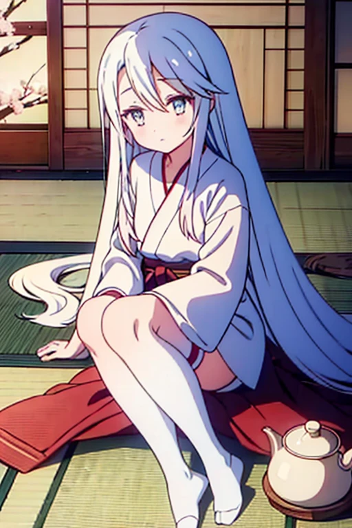 A petite woman with very long hair down to her feet and bright blue eyes, wearing a high-necked woolen blouse and white stockings, while enjoying a cup of tea in a traditional Japanese room. She is sitting on a soft tatami mat, with her legs folded beneath her, and around her there are beautiful landscape paintings and an elegant vase of cherry blossoms. Her expression is calm and serene, reflecting the tranquility of the environment around her.