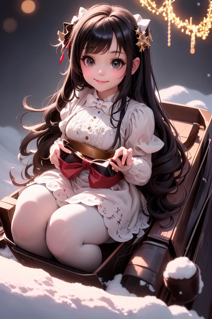 amasterpiece, best quality, 8k, cinematic light, ultra high res, chibi, a cute girl smiling sitting on a sleigh, black hair, christmas steampunk dress, christmas hair bows, (white pantyhose), (black pumps), magical night, winter night, magical sparks floating, falling snow, dark shadows, ((dark fantasy)),