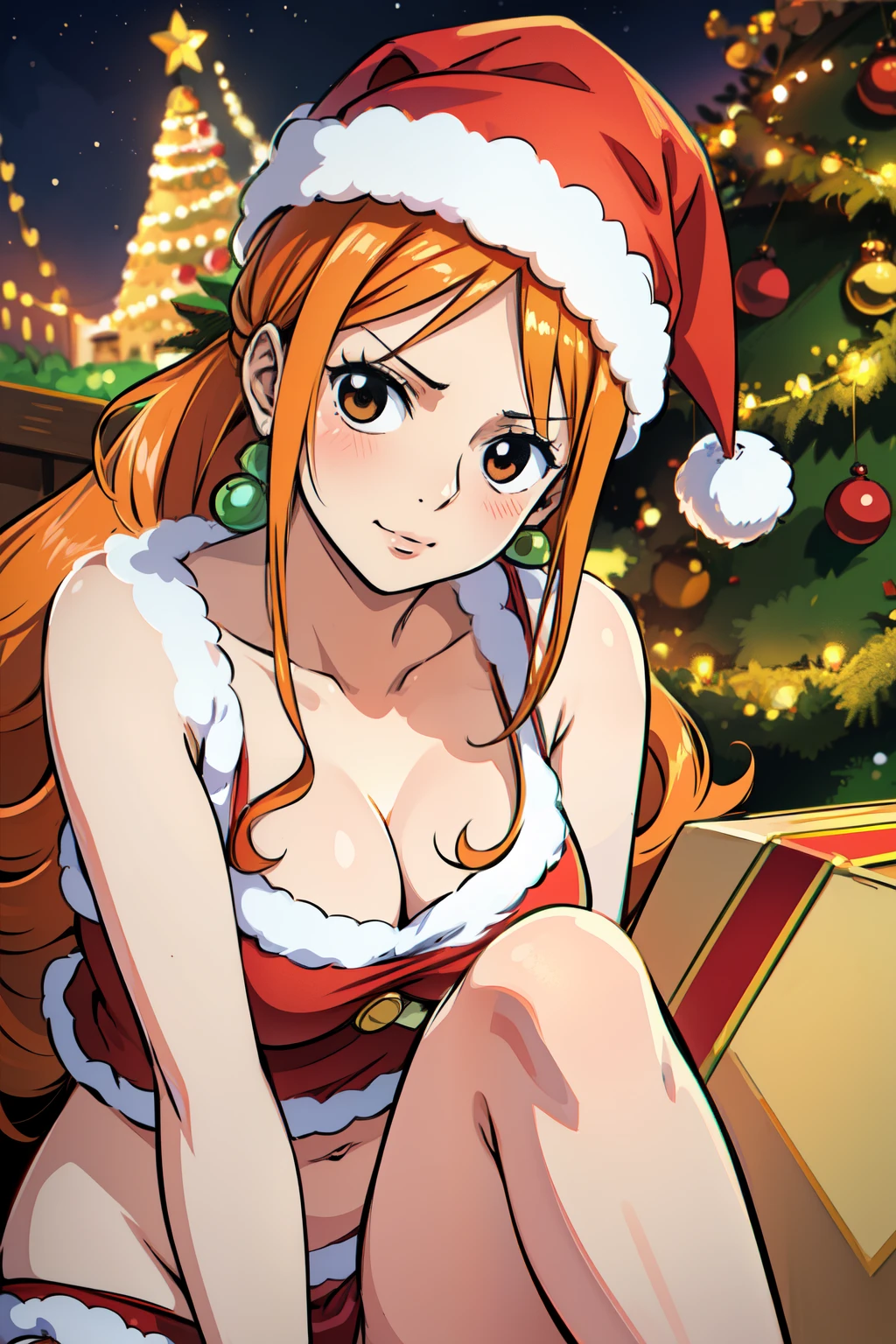 (best quality,4k,8k,highres,masterpiece:1.2), ultra-detailed, (realistic,photorealistic,photo-realistic:1.37), masterpiece、Top image quality、超A high resolution、Nami from one piece、orange hairs、Twin-tailed、Blushing、Cute and shy、Santa costume with belly button exposed、Santa costume miniskirt that slightly turned up、Wearing a Santa Hat、large firm breasts、well-shaped breasts、well-shaped navel、knee sox、Striped panties、There are some small gift boxes、Night、Christmas