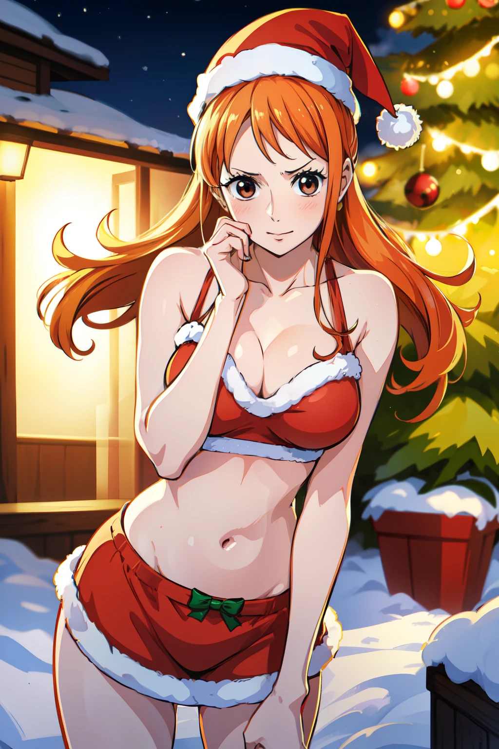 (best quality,4k,8k,highres,masterpiece:1.2), ultra-detailed, (realistic,photorealistic,photo-realistic:1.37), ​masterpiece、Top image quality、超A high resolution、Nami from one piece、orange hairs、Twin-tailed、Blushing、Cute and shy、Santa costume with belly button exposed、Santa costume miniskirt that  slightly turned up、Wearing a Santa Hat、large firm breasts、well-shaped breasts、well-shaped navel、knee sox、Striped panties、There are some small gift boxes、Night、Christmas