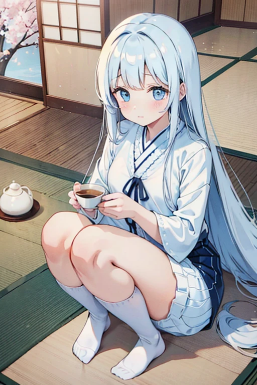 A petite woman with very long hair down to her feet and bright blue eyes, wearing a high-necked woolen blouse and white stockings, while enjoying a cup of tea in a traditional Japanese room. She is sitting on a soft tatami mat, with her legs folded beneath her, and around her there are beautiful landscape paintings and an elegant vase of cherry blossoms. Her expression is calm and serene, reflecting the tranquility of the environment around her.