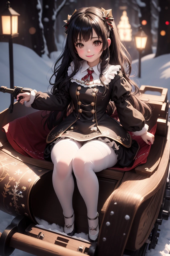 amasterpiece, best quality, 8k, cinematic light, ultra high res, chibi, a cute girl smiling sitting on a sleigh, black hair, christmas steampunk dress, christmas hair bows, (white pantyhose), (black pumps), magical night, winter night, magical sparks floating, falling snow, dark shadows, ((dark fantasy)),