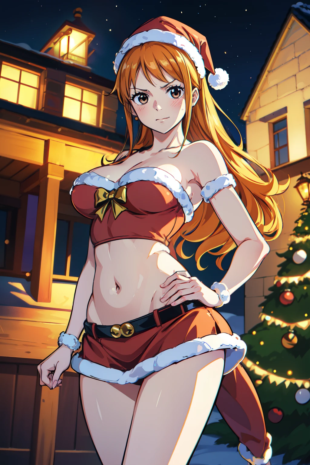 (best quality,4k,8k,highres,masterpiece:1.2), ultra-detailed, (realistic,photorealistic,photo-realistic:1.37), masterpiece、Top image quality、超A high resolution、Nami from one piece、orange hairs、Twin-tailed、Blushing、Cute and shy、Santa costume with belly button exposed、Santa costume miniskirt that slightly turned up、Wearing a Santa Hat、large firm breasts、well-shaped breasts、well-shaped navel、knee sox、Striped panties、There are some small gift boxes、Night、Christmas