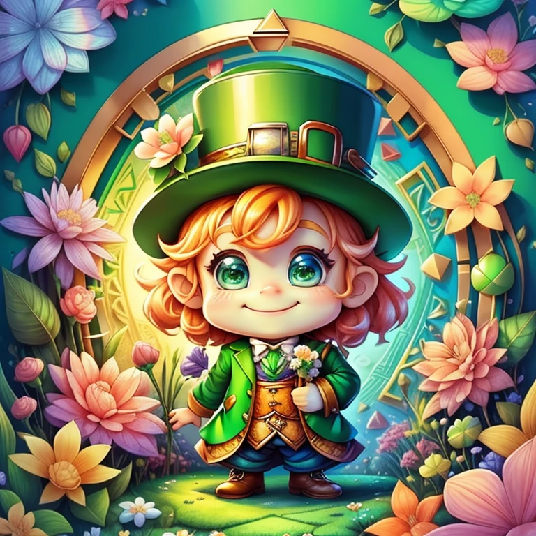 (cute leprechaun smiling with flowers) Munchkin ,Geometric multidimensional wall portrait, livro de arte, Tchibi,
Yang08k, Beautiful, Colouring,
Obras, of the highest quality, best quality, Arte Oficial, Beautiful and Aesthetic,