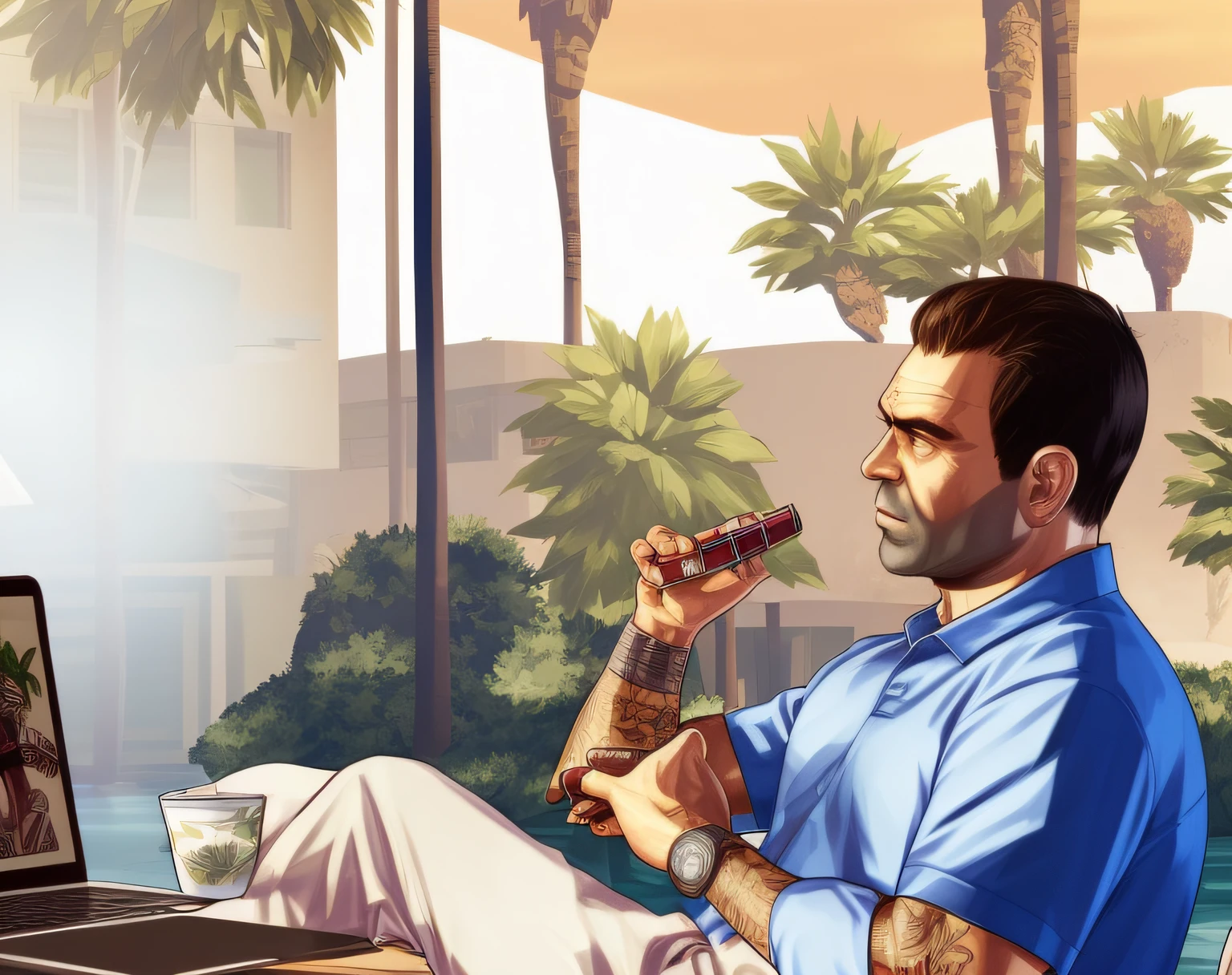 (master part, Qualidade Superior, best quality), (2 homens bonitos), ((use chique aloha shirttreme detalhado, mais alto detalhado. gta5 estilo, Cigar in hand