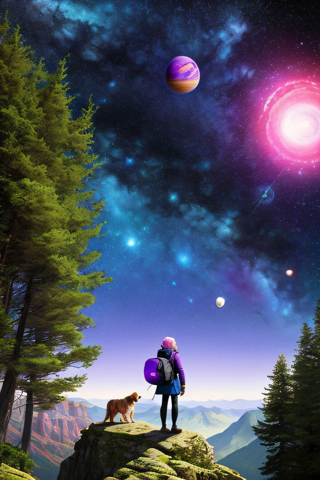 woman with a dog, standing on cliff, trees, mountains, 3 planets, space, pink, purple, blue