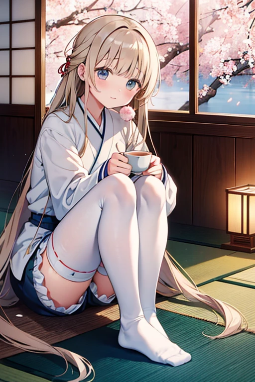 mahiru shiina A ite woman with very long hair down to her feet and bright blue eyes, wearing a high-necked woolen blouse and white stockings, while enjoying a cup of tea in a traditional Japanese room. She is sitting on a soft tatami mat, with her legs folded beneath her, and around her there are beautiful landscape paintings and an elegant vase of cherry blossoms. Her expression is calm and serene, reflecting the tranquility of the environment around her.