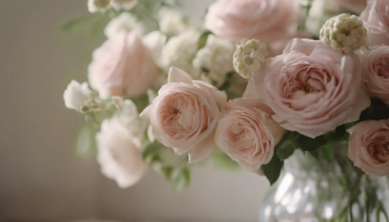 Capture a detail shot of a softly blurred floral arrangement, showcasing the delicate shapes and pastel tones that create a soft and romantic background