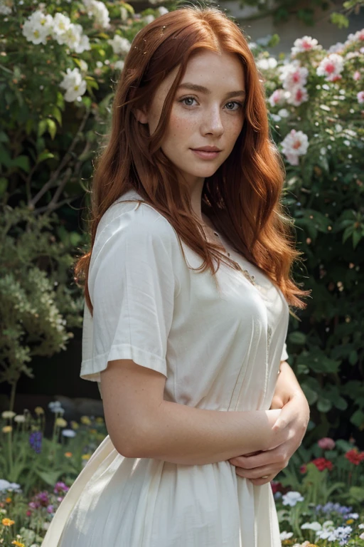 red-haired woman, fair skin, grayish green eyes, freckles on her cheeks, high-quality portrait, traditional oil painting, ultra-detailed brushwork, soft lighting, vibrant colors, delicate features, expressive eyes, subtle smile, flowing red hair, unique dress, standing in a blooming garden, surrounded by colorful flowers, peaceful atmosphere, realistic and lifelike, rich texture, masterful composition.