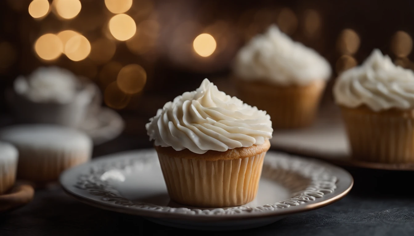 Capture a detail shot of a perfectly frosted cupcake, showcasing the intricate piping work and decorative elements that make it a visually appealing and sweet snack