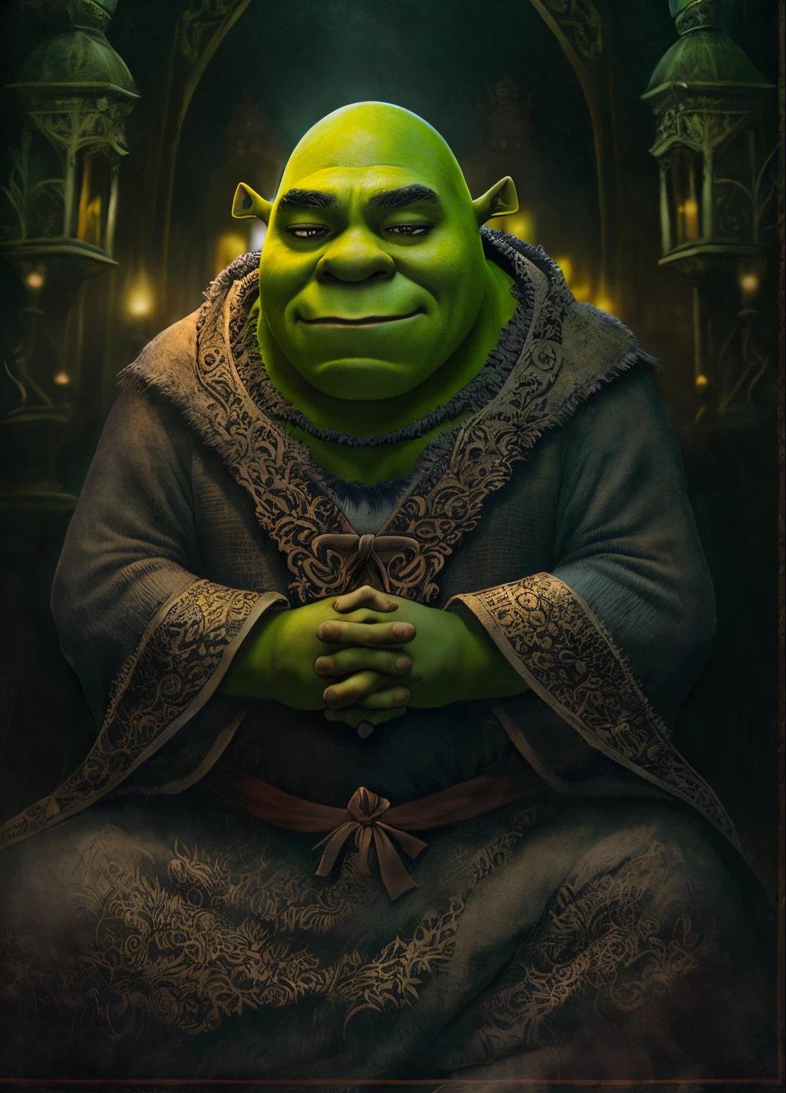 a closeup portrait of shrek in robe prays in lotus pose, by Fang Congyi, fantasy art, (dark atmosphere:1.5), cinematic, intricate,