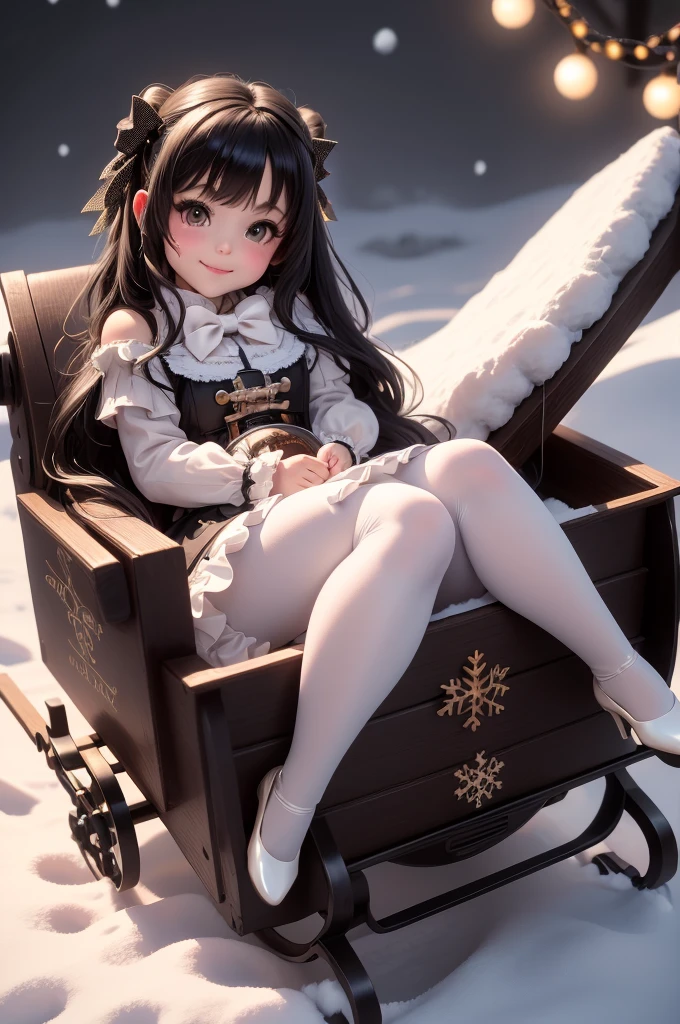 amasterpiece, best quality, 8k, cinematic light, ultra high res, chibi, a cute doll smiling sitting on a sleigh, black hair, christmas steampunk dress, christmas hair bows, (white pantyhose), (black pumps), magical night, winter night, magical sparks floating, falling snow, dark shadows, ((dark fantasy)),